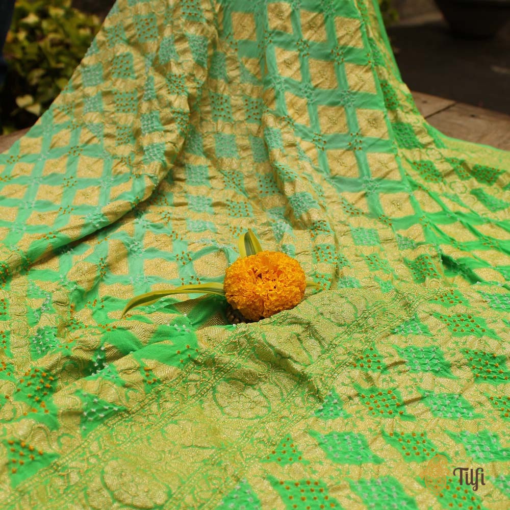 Light Blue - Green Pure Georgette Banarasi Handloom Bandhani Dupatta