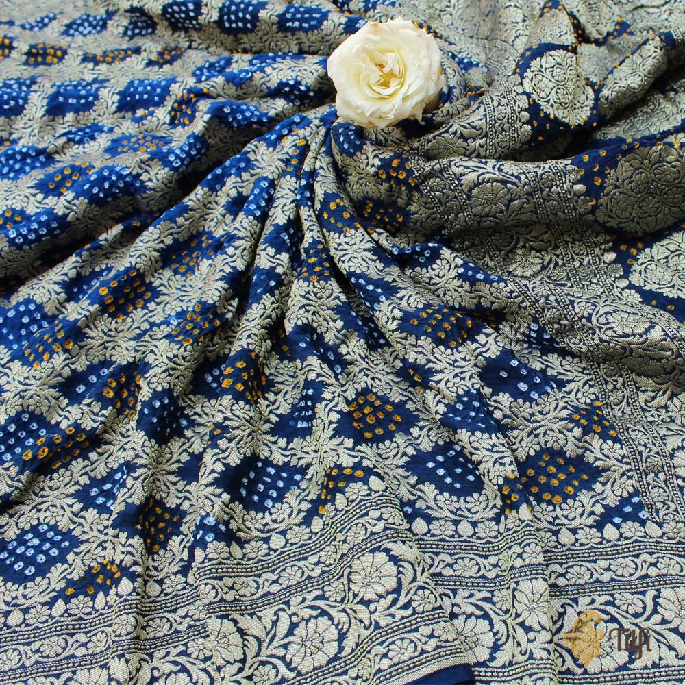 Midnight Blue - Navy Blue Pure Georgette Banarasi Handloom Bandhani Dupatta