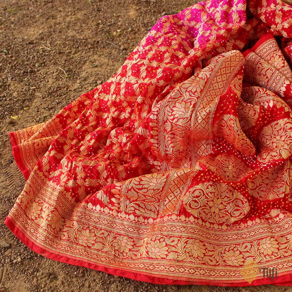 Rani Pink-Red Pure Georgette Banarasi Handloom Bandhani Dupatta