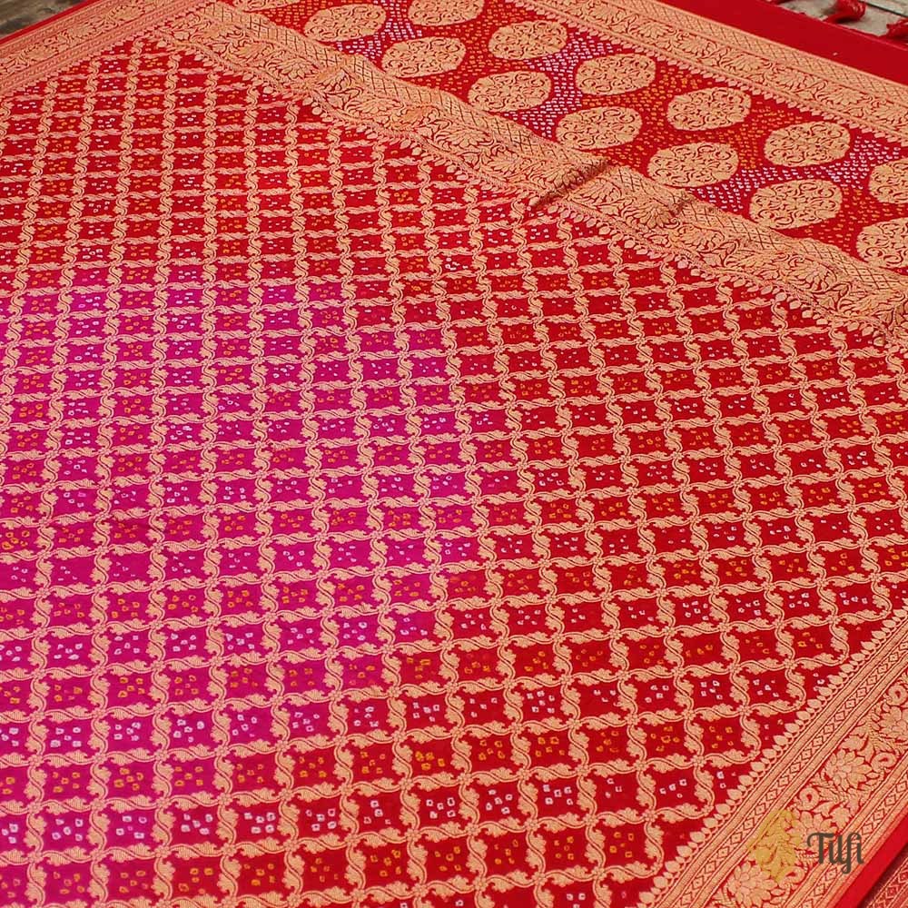 Rani Pink-Red Pure Georgette Banarasi Handloom Bandhani Dupatta