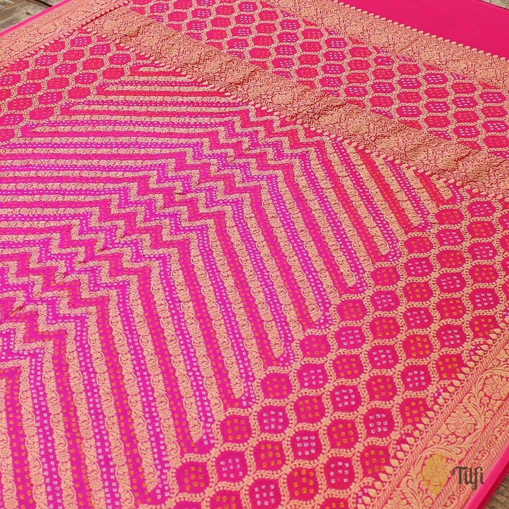 Gulabi-Rani Pink Pure Georgette Banarasi Handloom Bandhani Dupatta