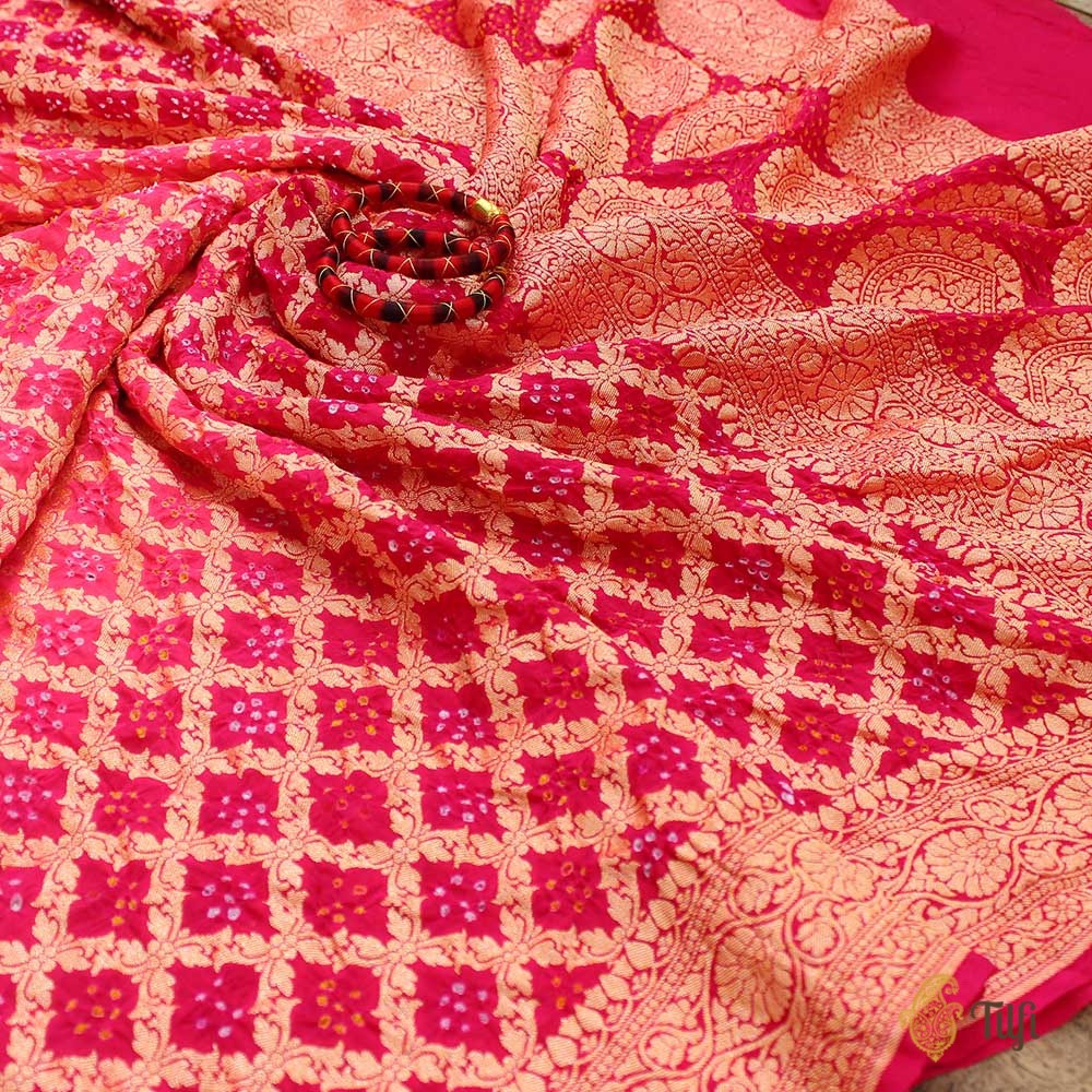 Coral Pink-Rani Pink Pure Georgette Banarasi Handloom Bandhani Dupatta