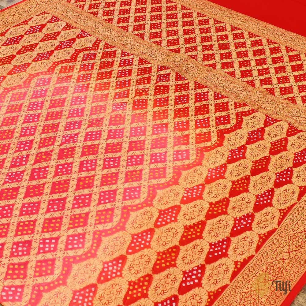 Pink-Orangish Red Pure Georgette Banarasi Handloom Bandhani Dupatta