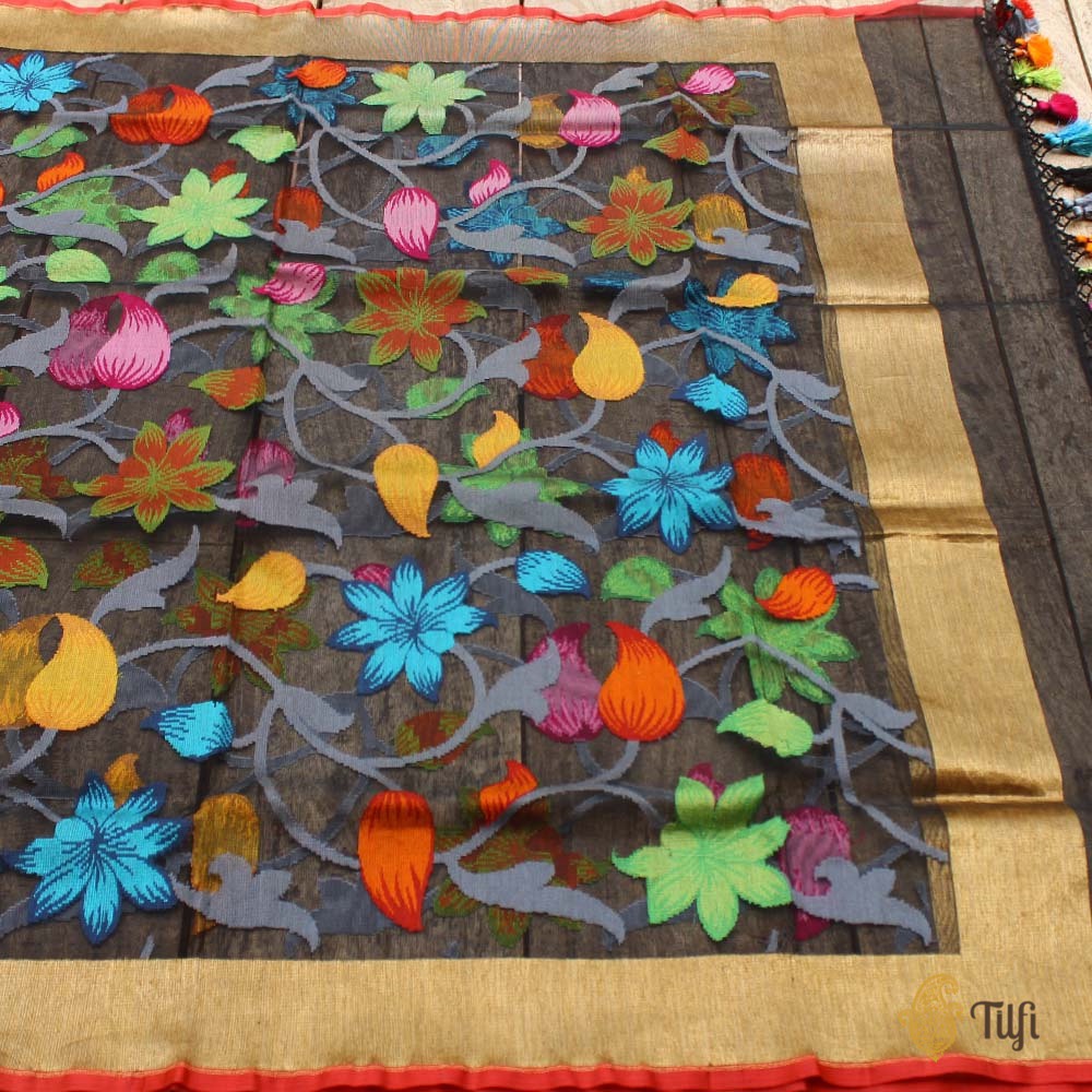 Black Pure Kora Silk Net Banarasi Handloom Dupatta