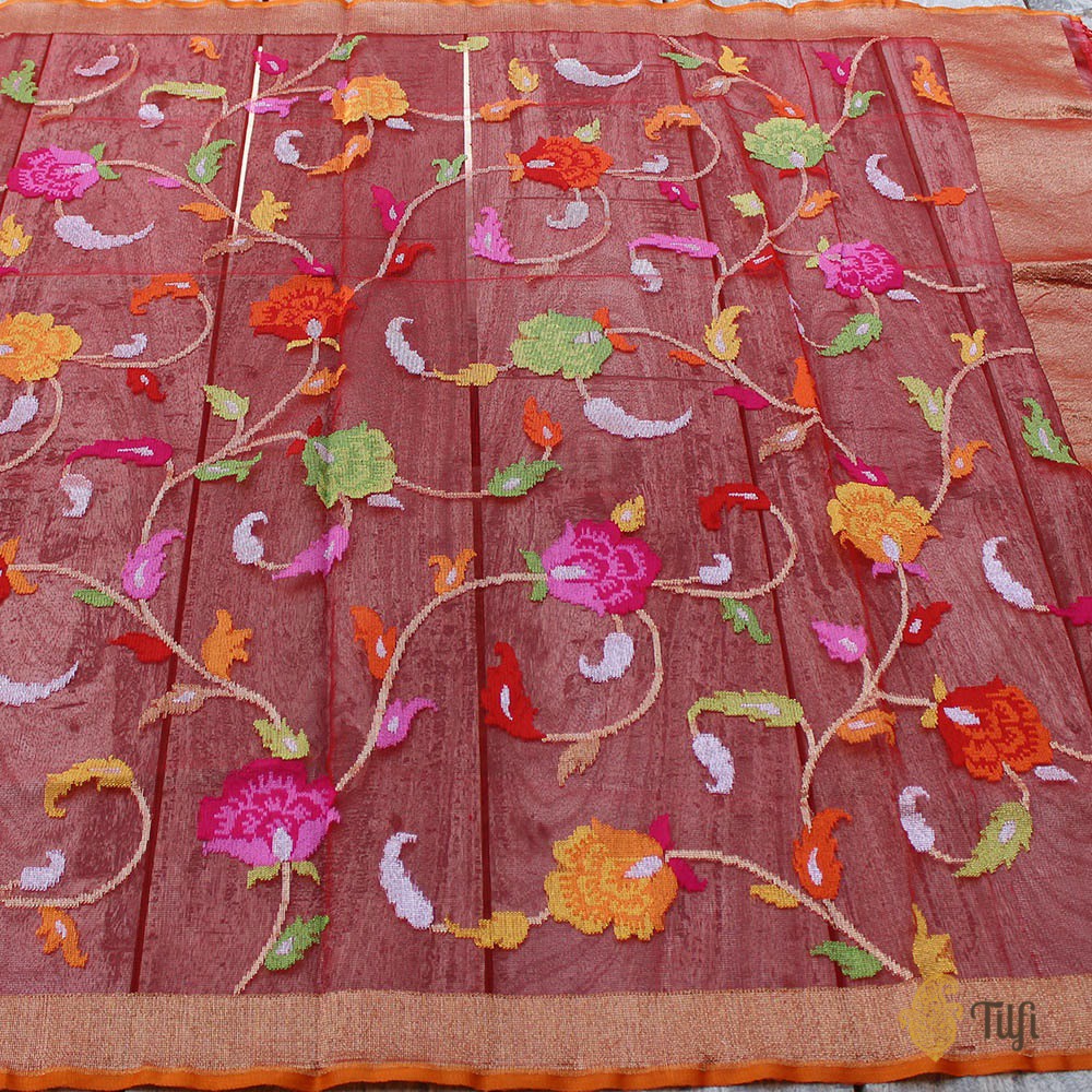 Deep Brick Red Pure Kora Silk Net Banarasi Handloom Dupatta
