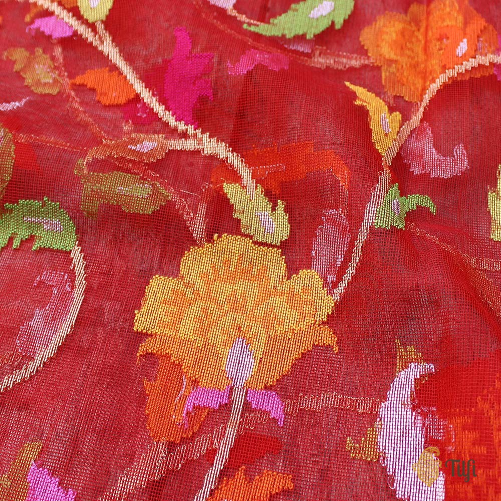 Deep Brick Red Pure Kora Silk Net Banarasi Handloom Dupatta