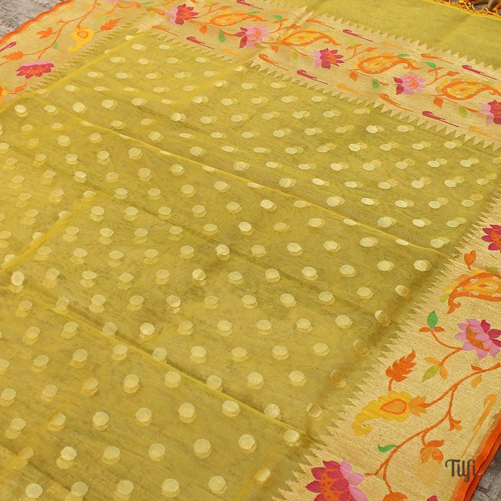 Yellow Pure Kora Net Banarasi Handloom Dupatta