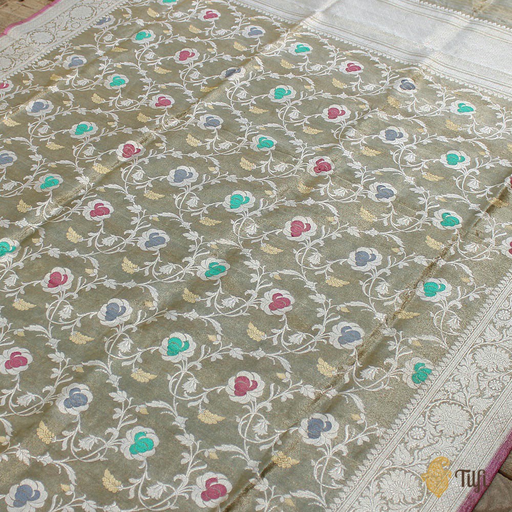 Sage Green Pure Katan Silk Tissue Banarasi Kadwa Handloom Dupatta