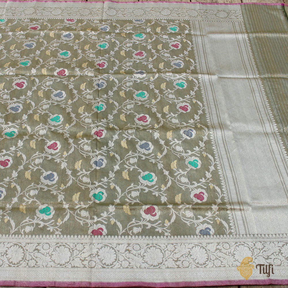 Sage Green Pure Katan Silk Tissue Banarasi Kadwa Handloom Dupatta