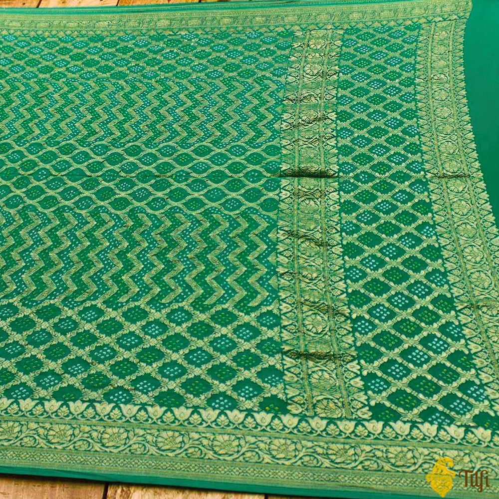 Green Pure Georgette Banarasi Handloom Bandhani Dupatta