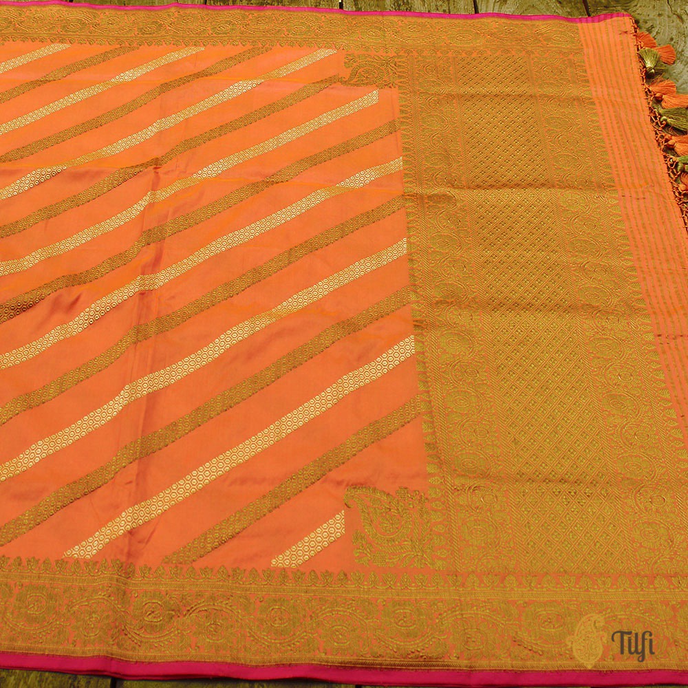 Light Orange-Pink Pure Katan Silk Aadha Jaal Banarasi Handloom Dupatta