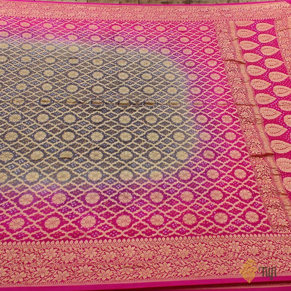 Gray-Rani Pink Pure Georgette Banarasi Handloom Bandhani Dupatta