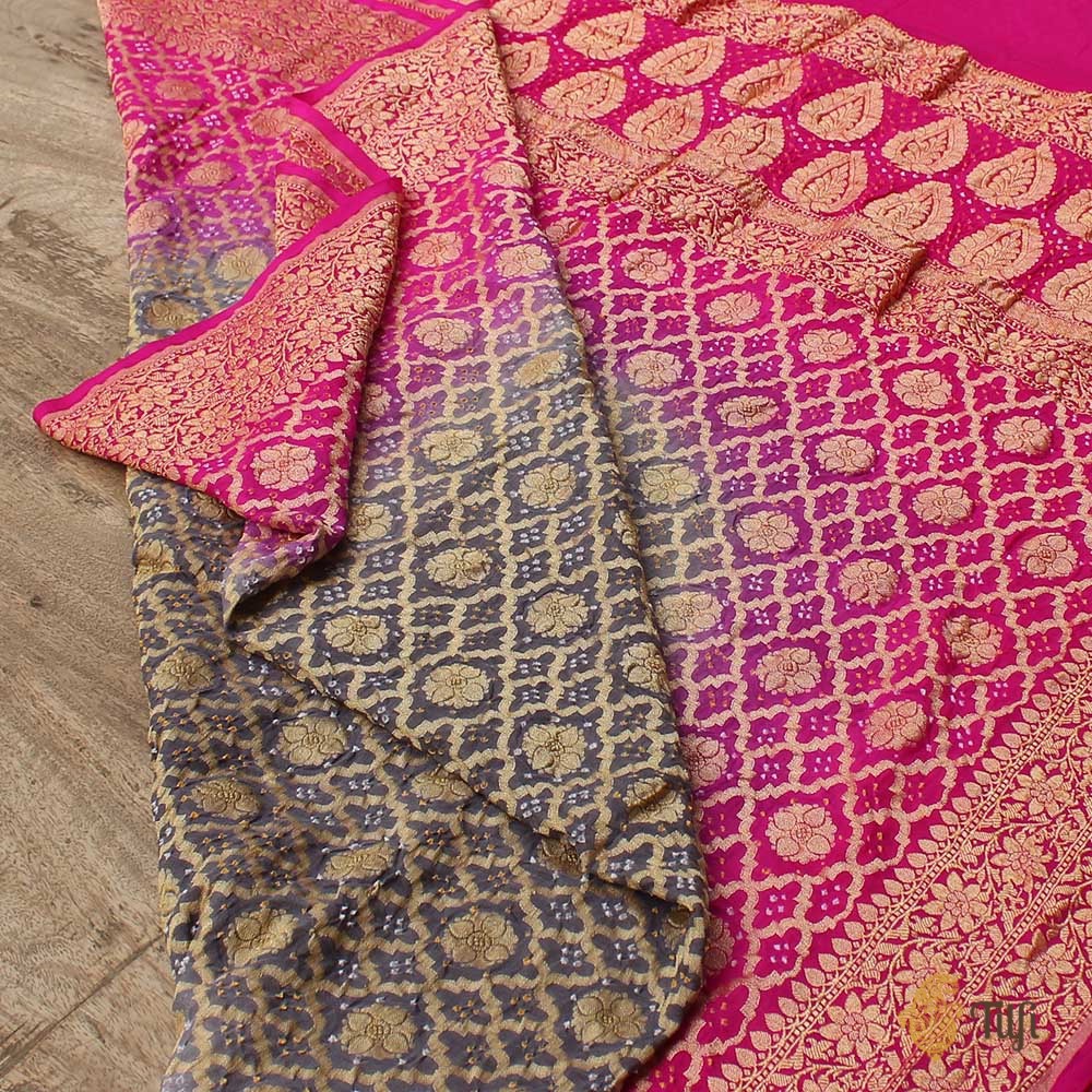 Gray-Rani Pink Pure Georgette Banarasi Handloom Bandhani Dupatta