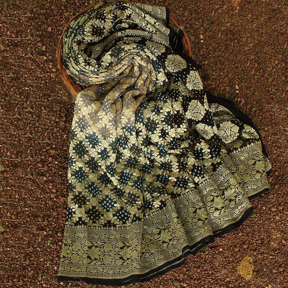Gray-Black Pure Georgette Banarasi Handloom Bandhani Dupatta
