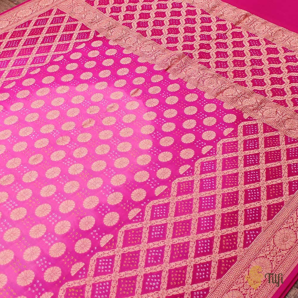 Light Pink-Rani Pink Pure Georgette Banarasi Handloom Bandhani Dupatta