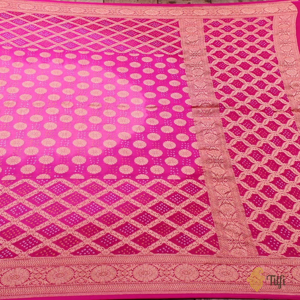 Light Pink-Rani Pink Pure Georgette Banarasi Handloom Bandhani Dupatta