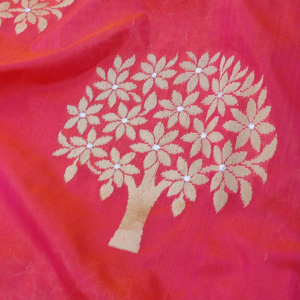 Orange-Gulabi Pink Pure Silk Georgette Banarasi Handloom Saree