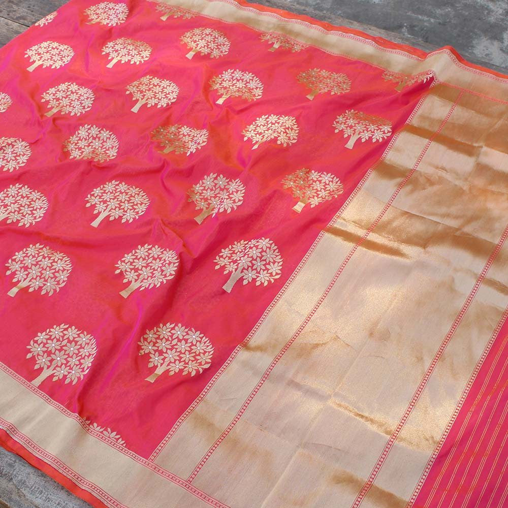Orange-Gulabi Pink Pure Silk Georgette Banarasi Handloom Saree