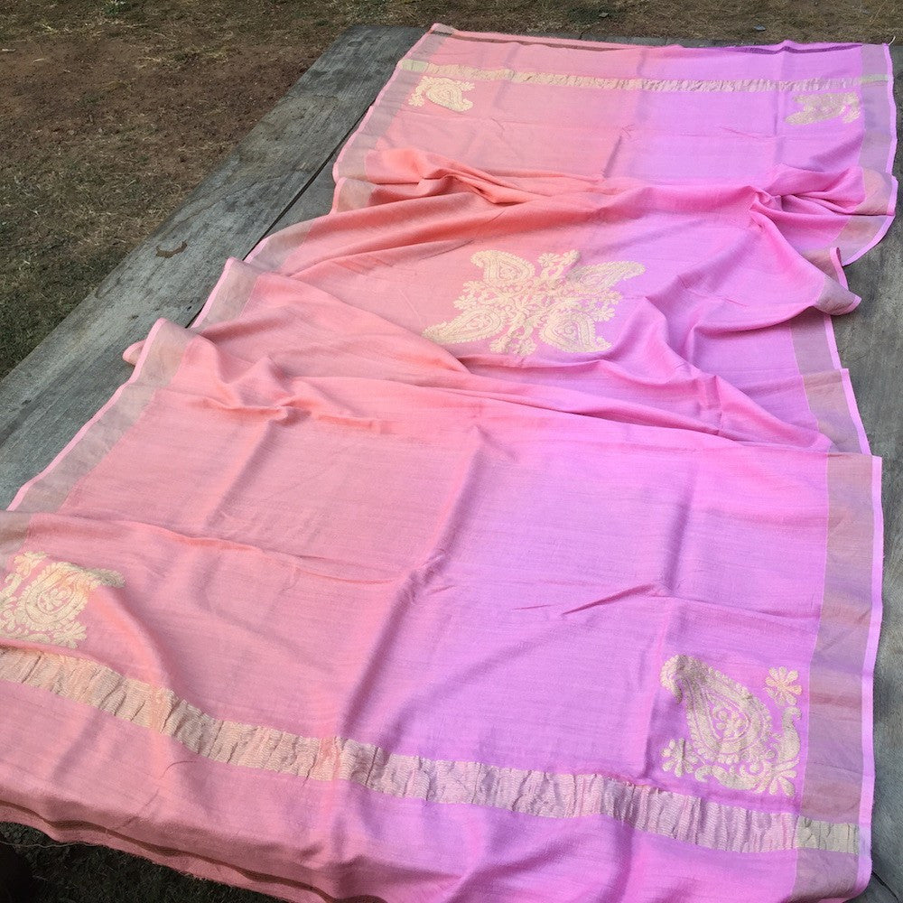 Peach Pink Ombre Pure Monga Silk Banarasi Handloom Dupatta