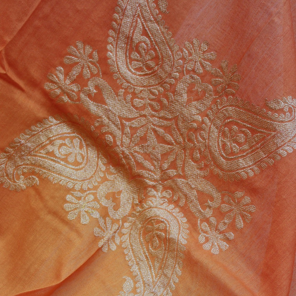 Orange Ombre Pure Monga Silk Banarasi Handloom Dupatta
