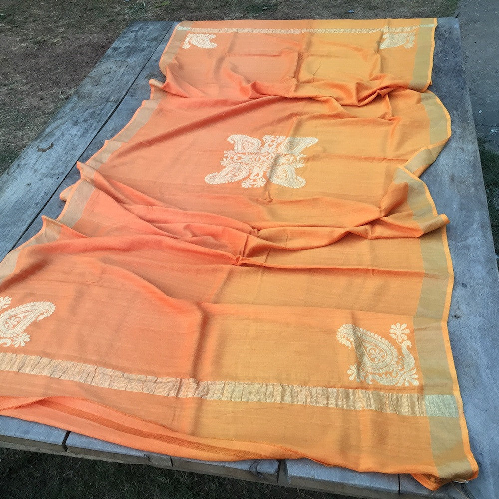 Orange Ombre Pure Monga Silk Banarasi Handloom Dupatta