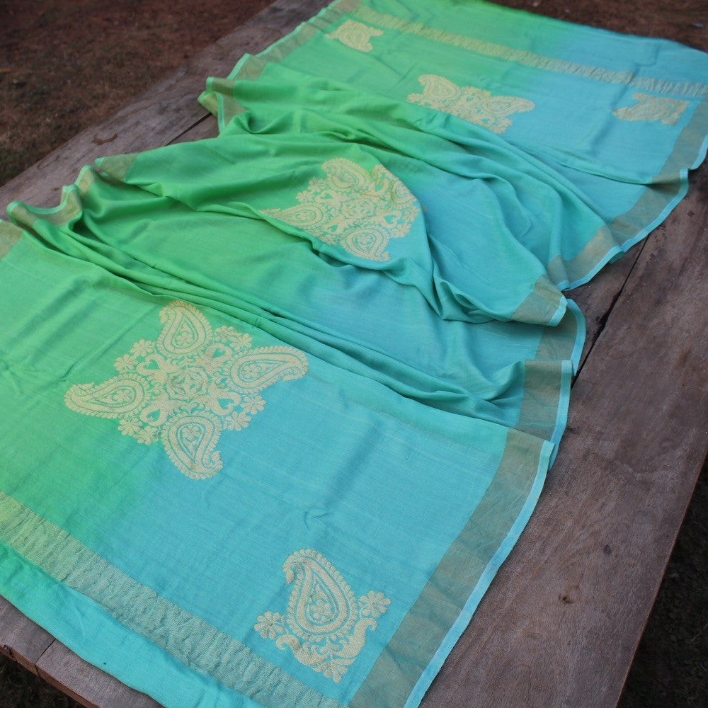 Blue Green Ombre Pure Monga Silk Banarasi Handloom Dupatta