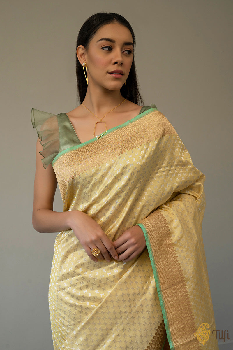 Mint Yellow Pure Katan Silk Banarasi Handloom Saree