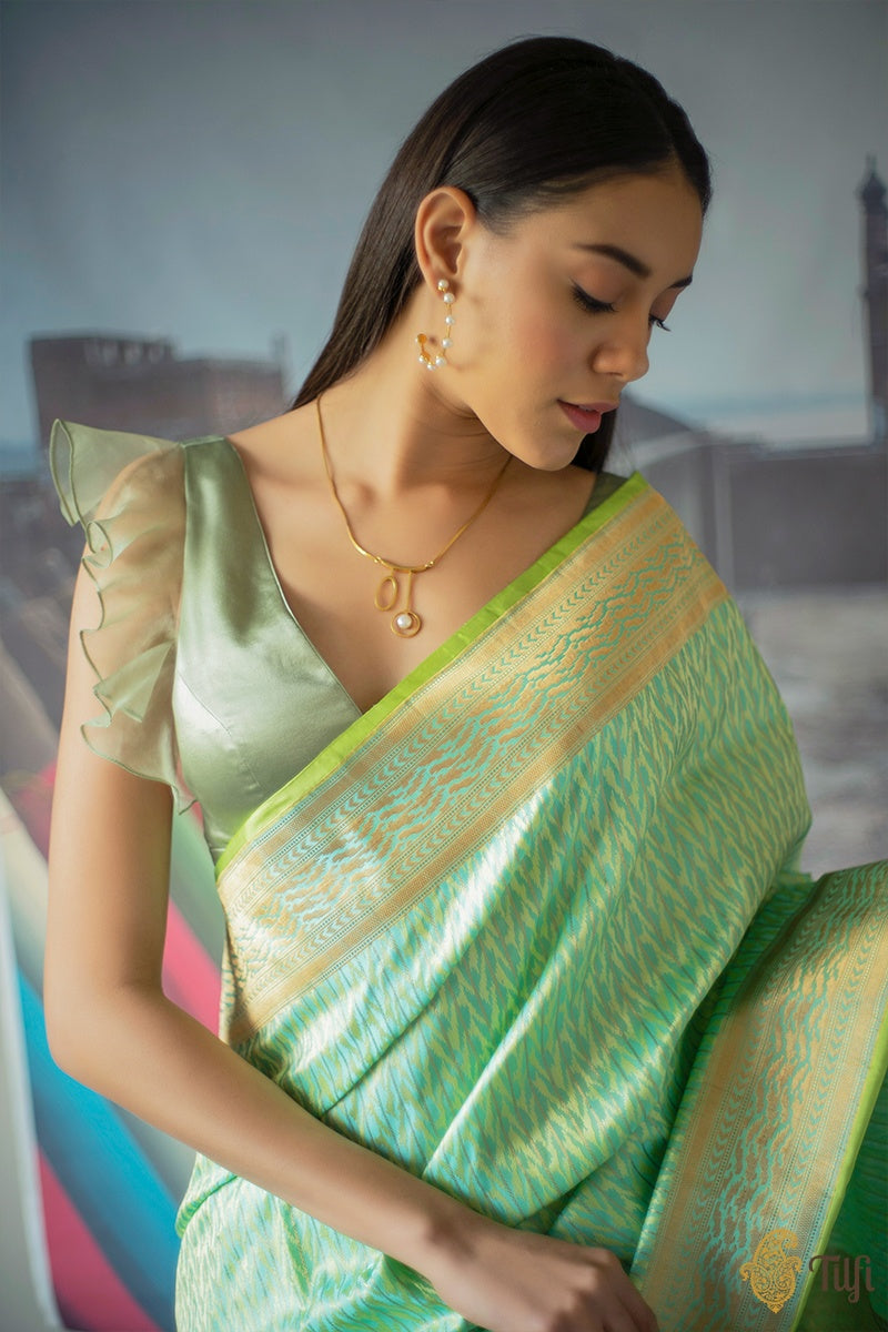 Green-Blue Pure Soft Satin Silk Banarasi Handloom Saree