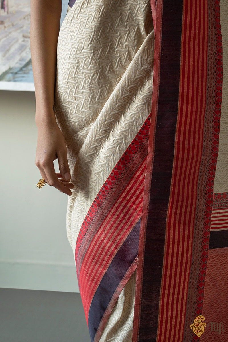 Off-White-Red Pure Katan Silk Banarasi Handloom Saree