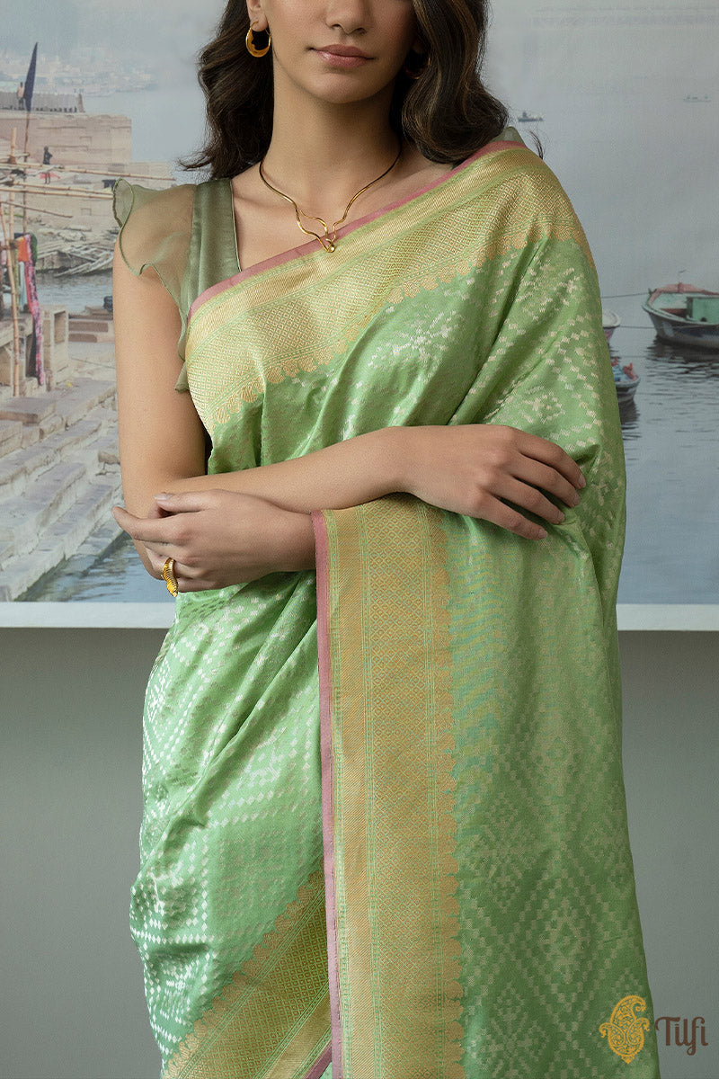 Pista Green Pure Katan Silk Banarasi Patola Handloom Saree