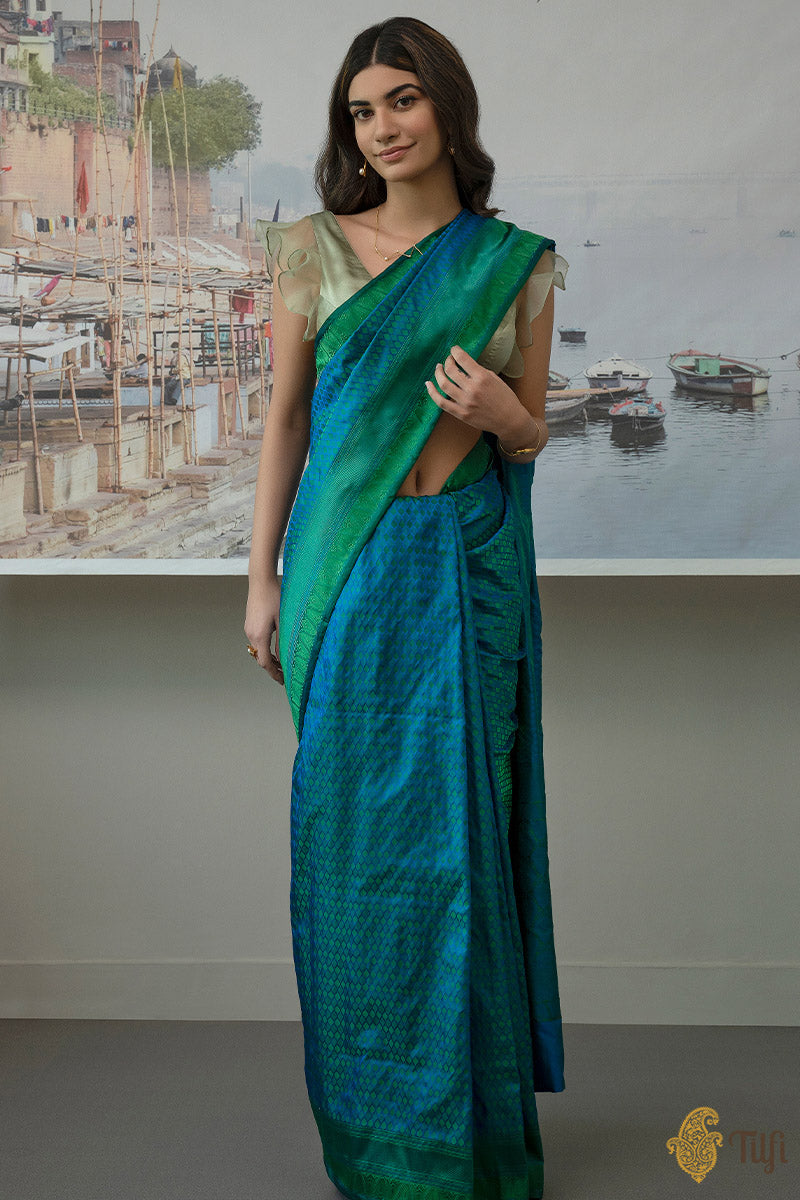 Blue-Green Pure Soft Satin Silk Banarasi Handloom Saree