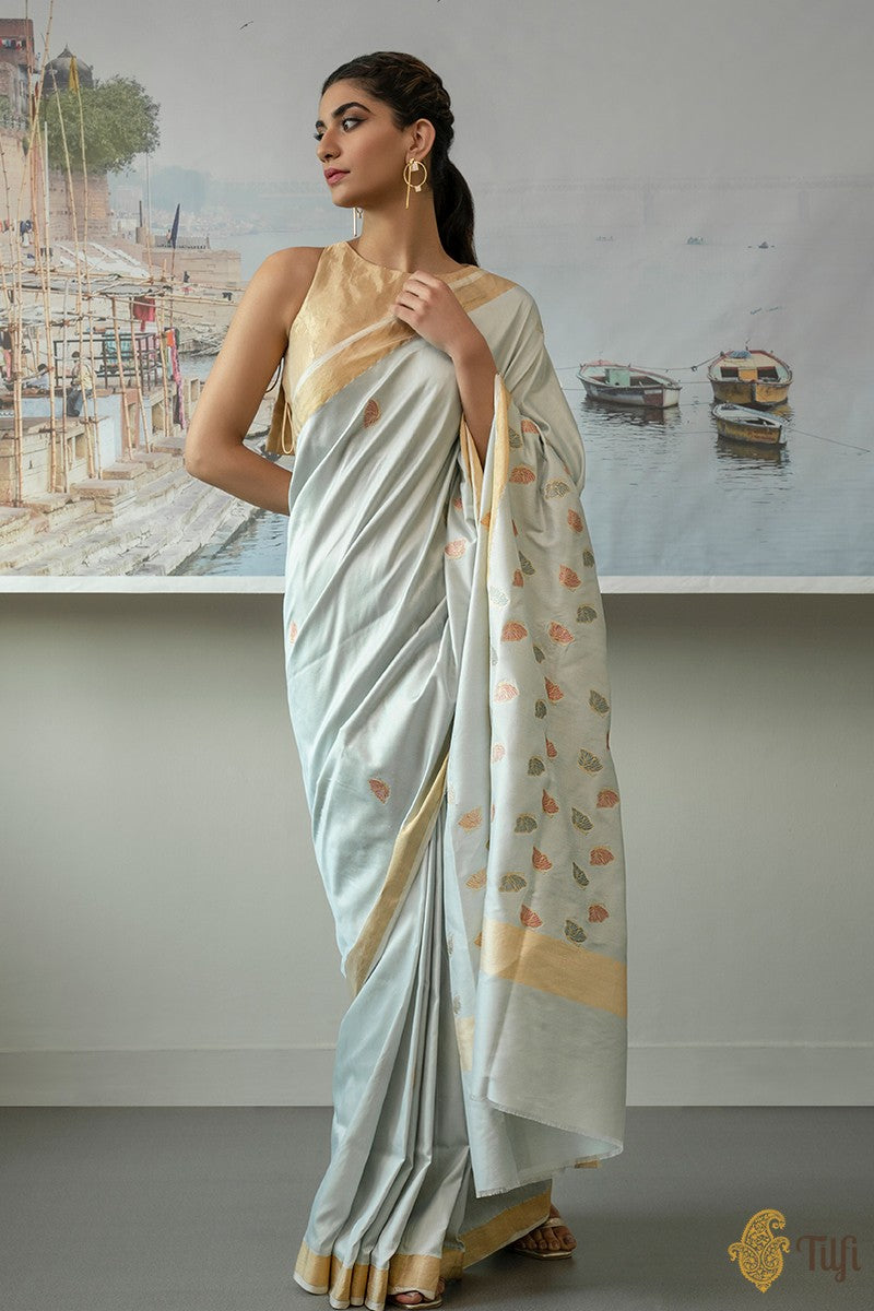 Light Blue Pure Katan Silk &amp; Cotton Banarasi Handloom Saree