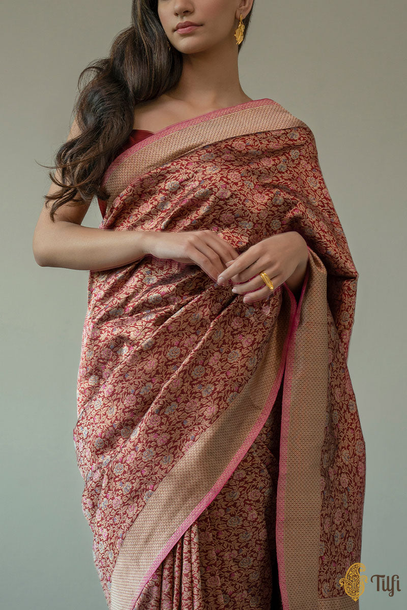 &#39;Urvashi&#39; Maroon Pure Katan Silk Banarasi Handloom Saree