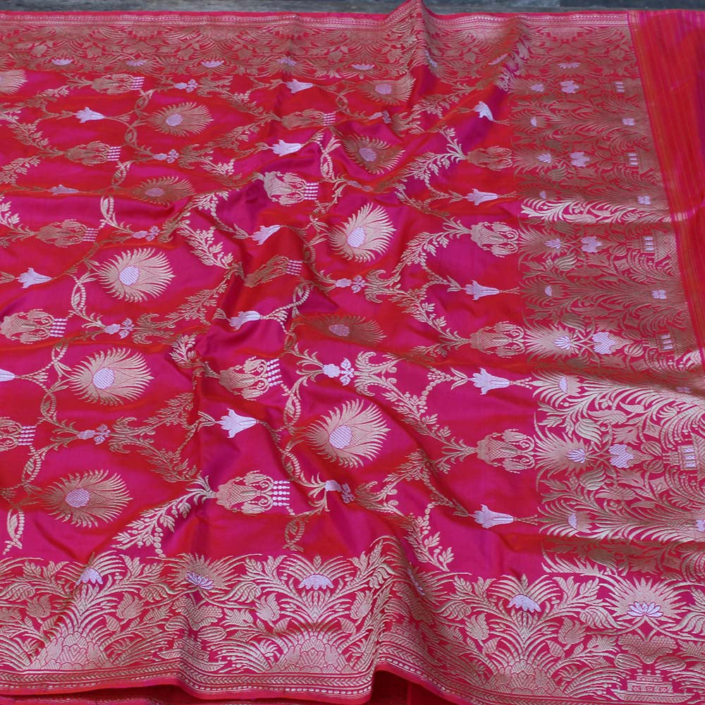 Indian Pink-Orange Pure Katan Silk Banarasi Handloom Saree