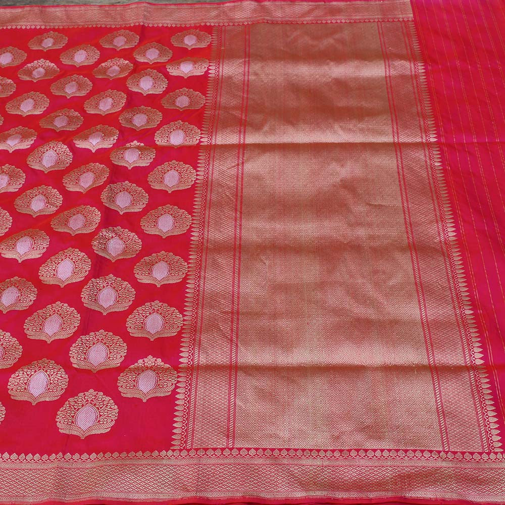 Indian Pink-Orange Pure Katan Silk Kadwa Banarasi Handloom Saree