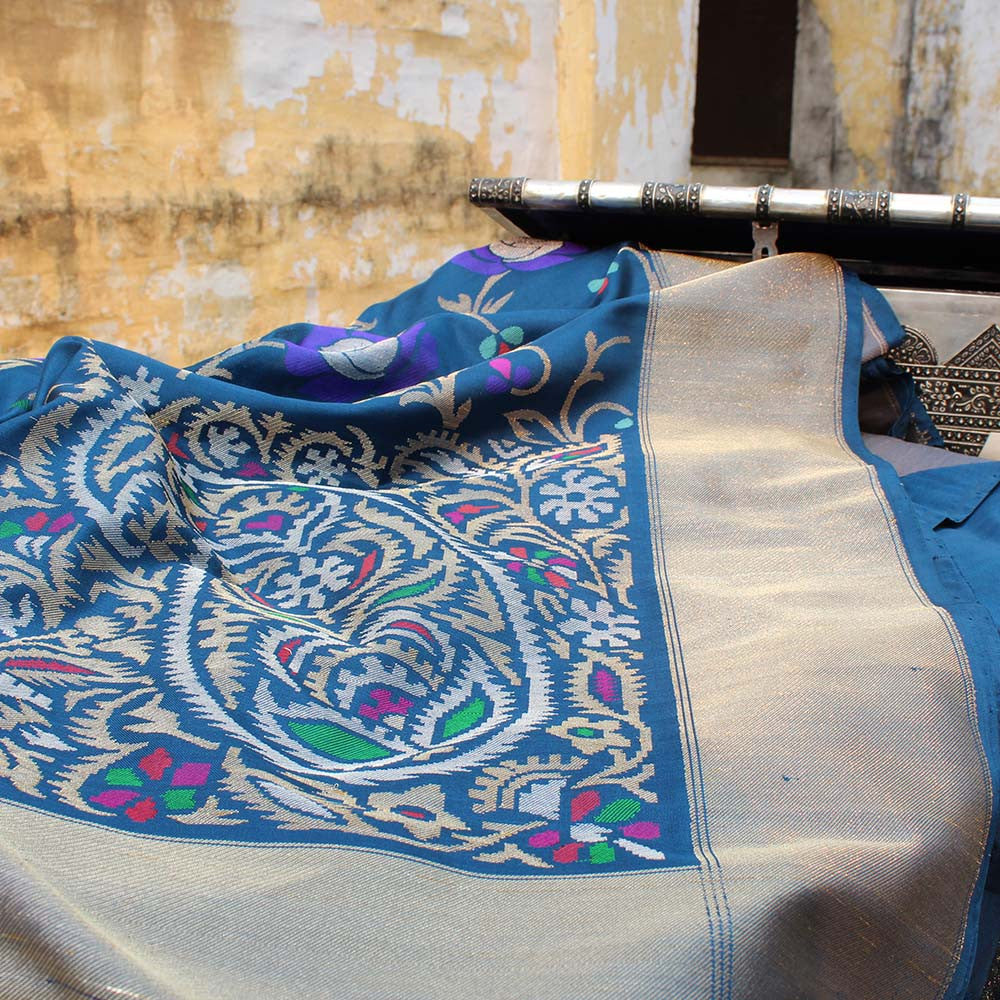 Blue Pure Katan Silk Real Zari Banarasi Handloom Saree - Tilfi
