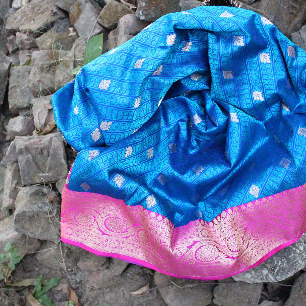 Blue Pure Katan Silk Banarasi Handloom Saree - Tilfi