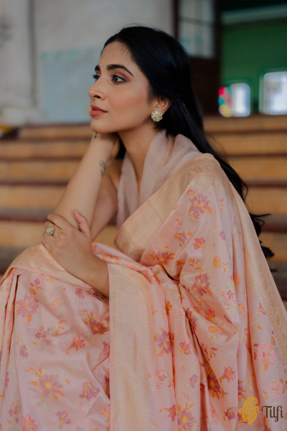&#39;Pavitra&#39; Soft Peach Pure Katan Silk Real Zari Banarasi Handloom Saree