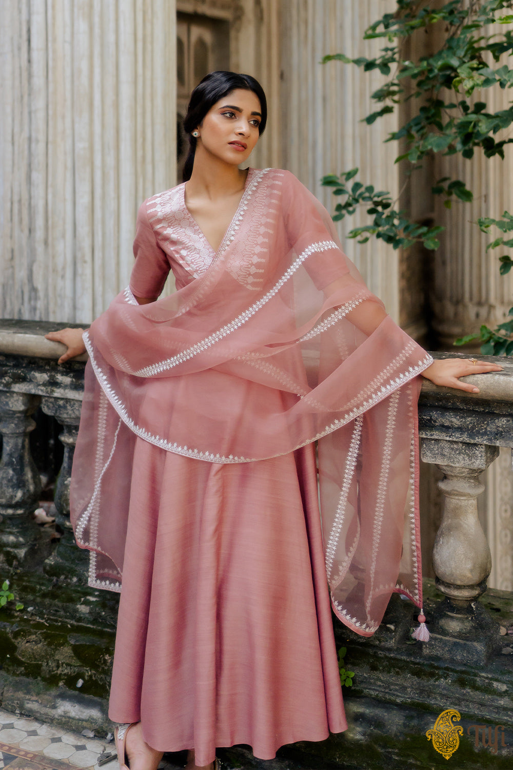 Rose Pink Pure Monga Silk Handwoven Anarkali Set with Hand-embroidered Dupatta