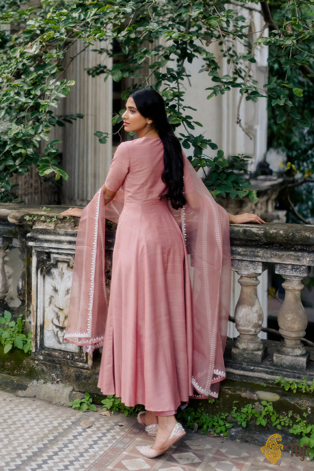 Rose Pink Pure Monga Silk Handwoven Anarkali Set with Hand-embroidered Dupatta