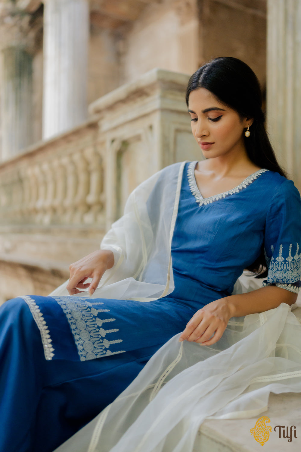 Royal Blue Pure Monga Silk Suit Set with Organza Dupatta