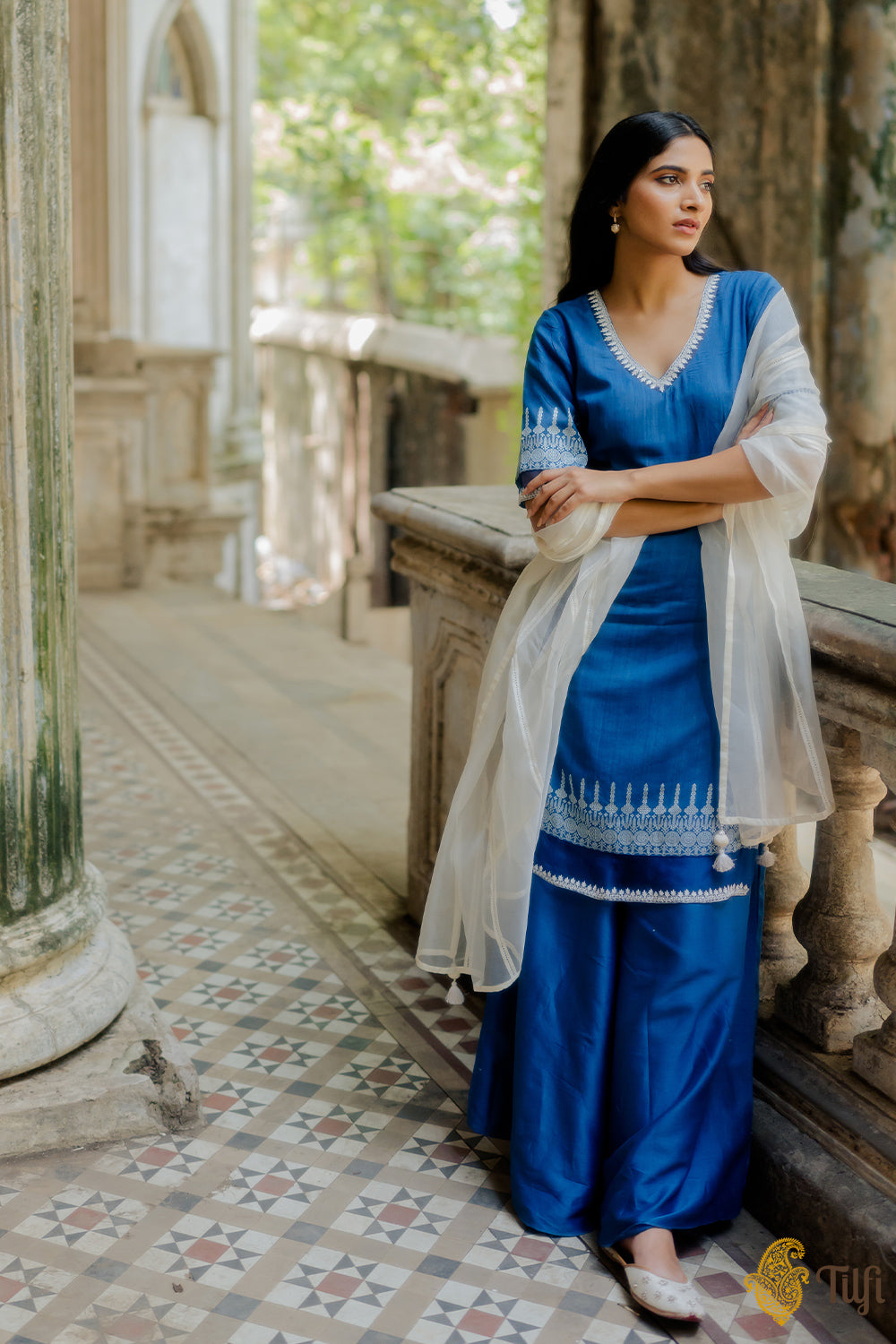 Royal Blue Pure Monga Silk Suit Set with Organza Dupatta - Tilfi