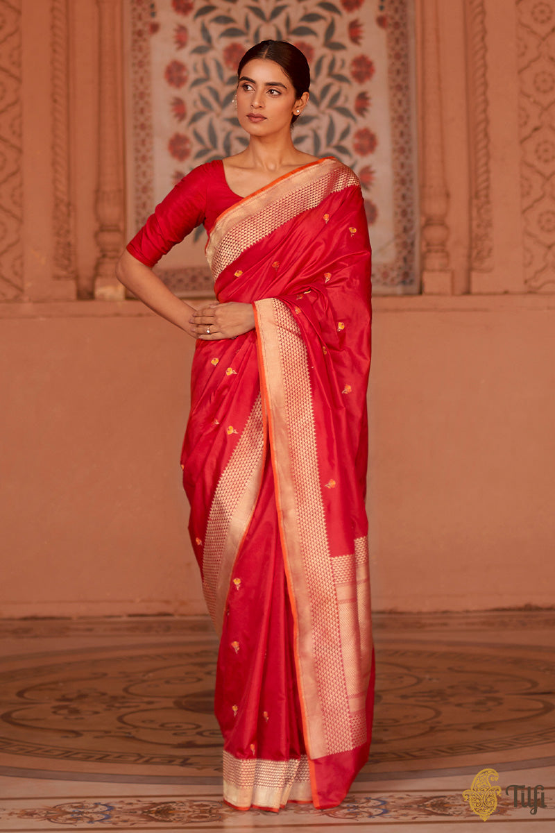 Pre-Order: &#39;Madhavi&#39; Red Pure Katan Silk Banarasi Handloom Saree