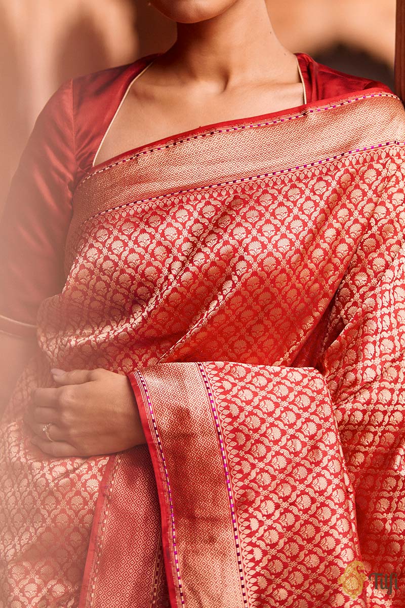 &#39;Malati&#39; Red Pure Katan Silk Banarasi Handloom Saree