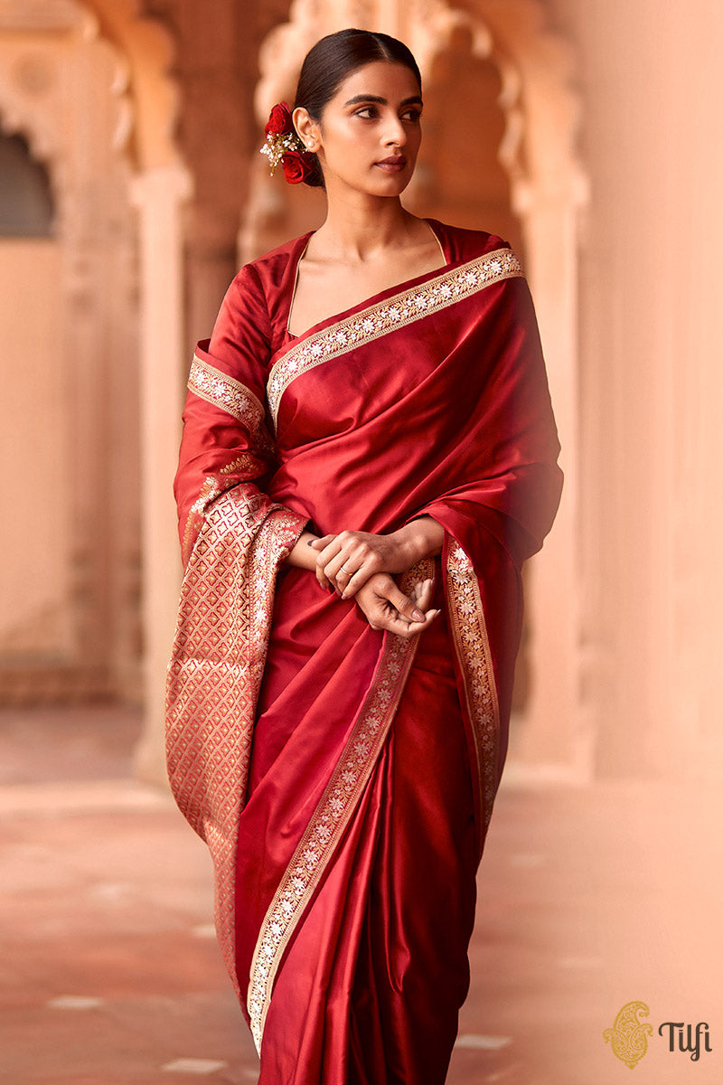 &#39;Maya&#39; Red Pure Soft Satin Silk Banarasi Handloom Saree