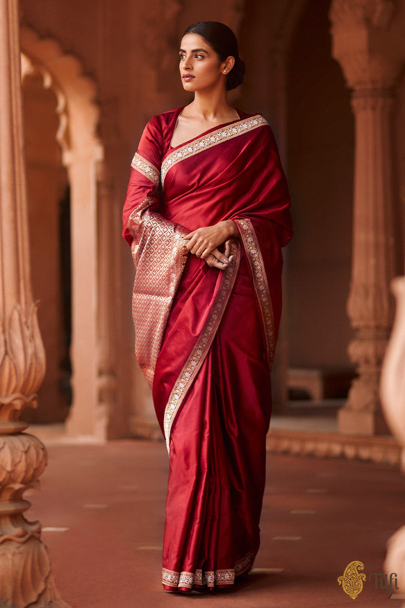 &#39;Maya&#39; Red Pure Soft Satin Silk Banarasi Handloom Saree