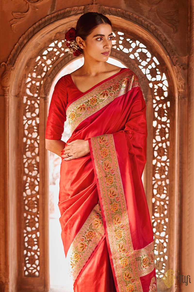 &#39;Mrinali&#39; Red Pure Katan Silk Banarasi Handloom Saree