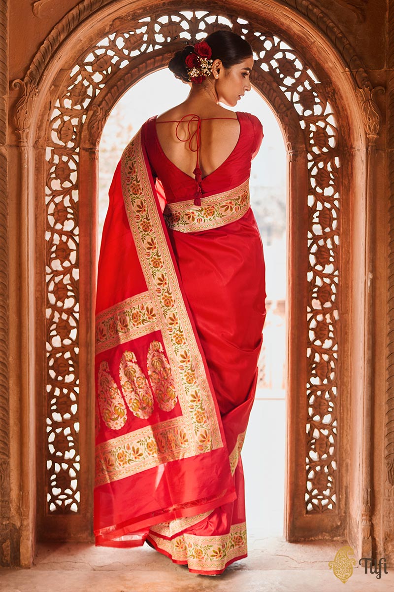 &#39;Mrinali&#39; Red Pure Katan Silk Banarasi Handloom Saree
