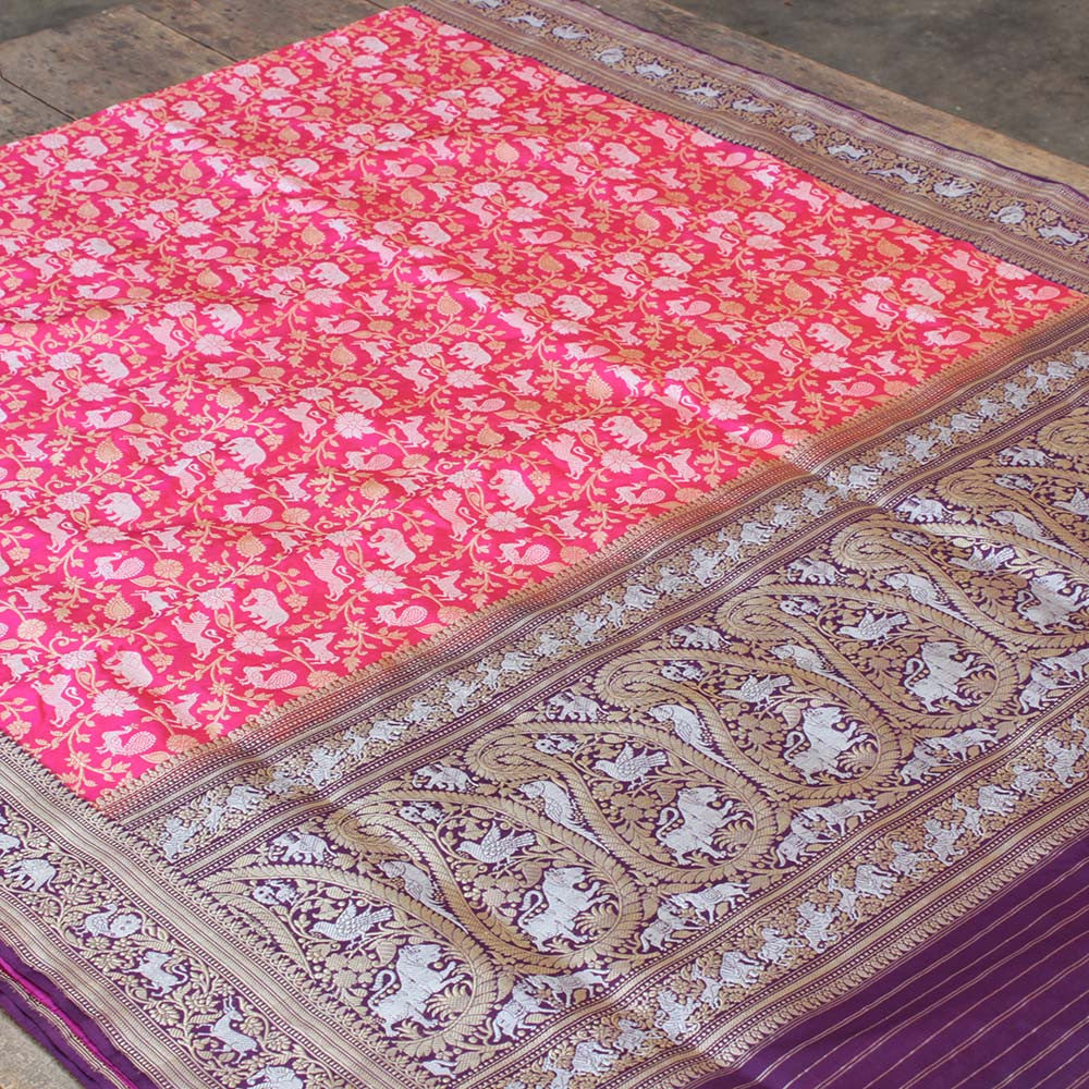 Pink-Orange Pure Katan Silk Banarasi Handloom Saree - Tilfi