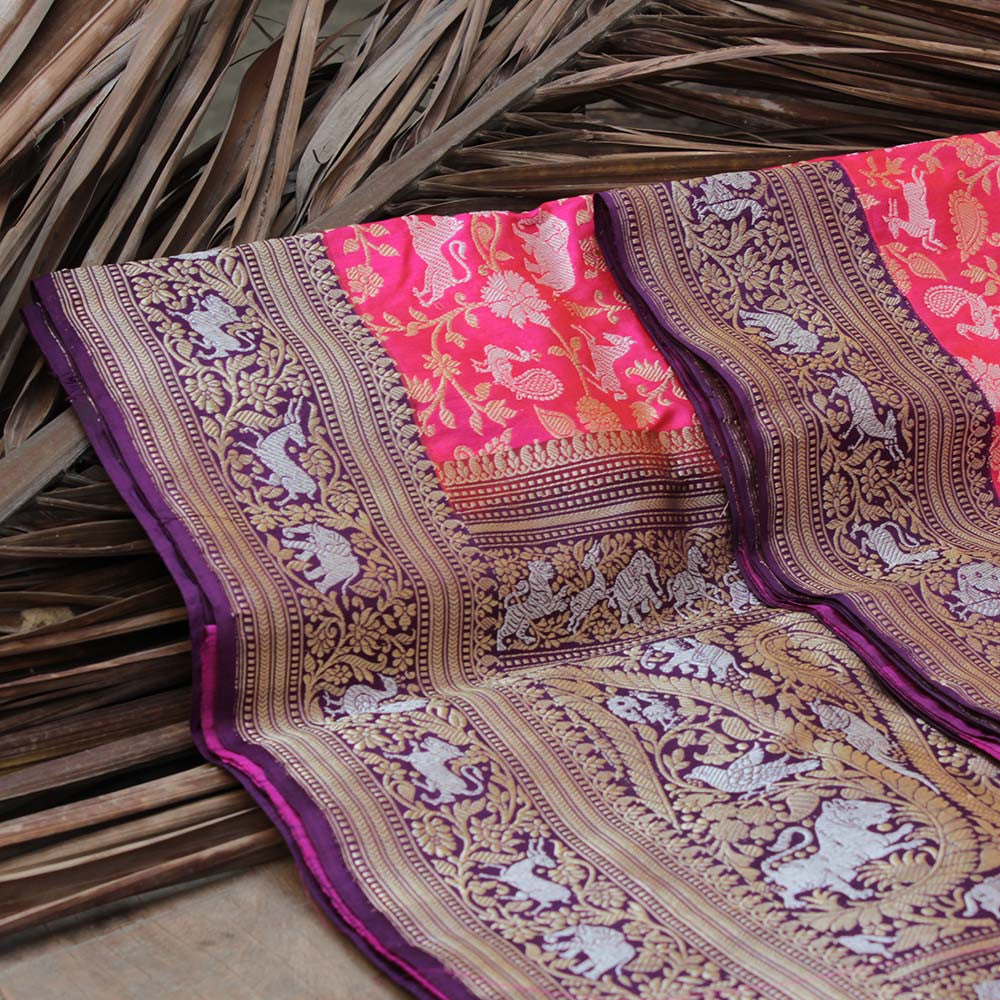 Pink-Orange Pure Katan Silk Banarasi Handloom Saree - Tilfi